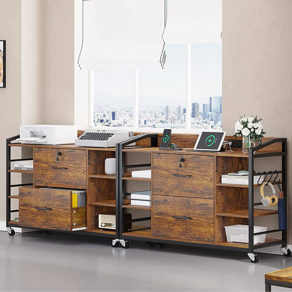 Brown Printer Stand Bookcase Power Station Mobile Office File Cabinet - Tampa Home & Garden Store
