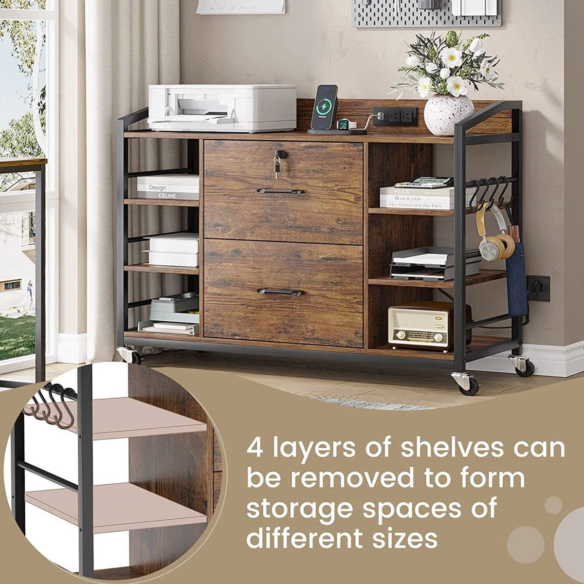 Brown Printer Stand Bookcase Power Station Mobile Office File Cabinet - Tampa Home & Garden Store