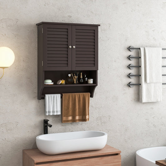 2-Doors Bathroom Wall-Mounted Medicine Cabinet with Towel Bar-Brown - Tampa Home & Garden Store