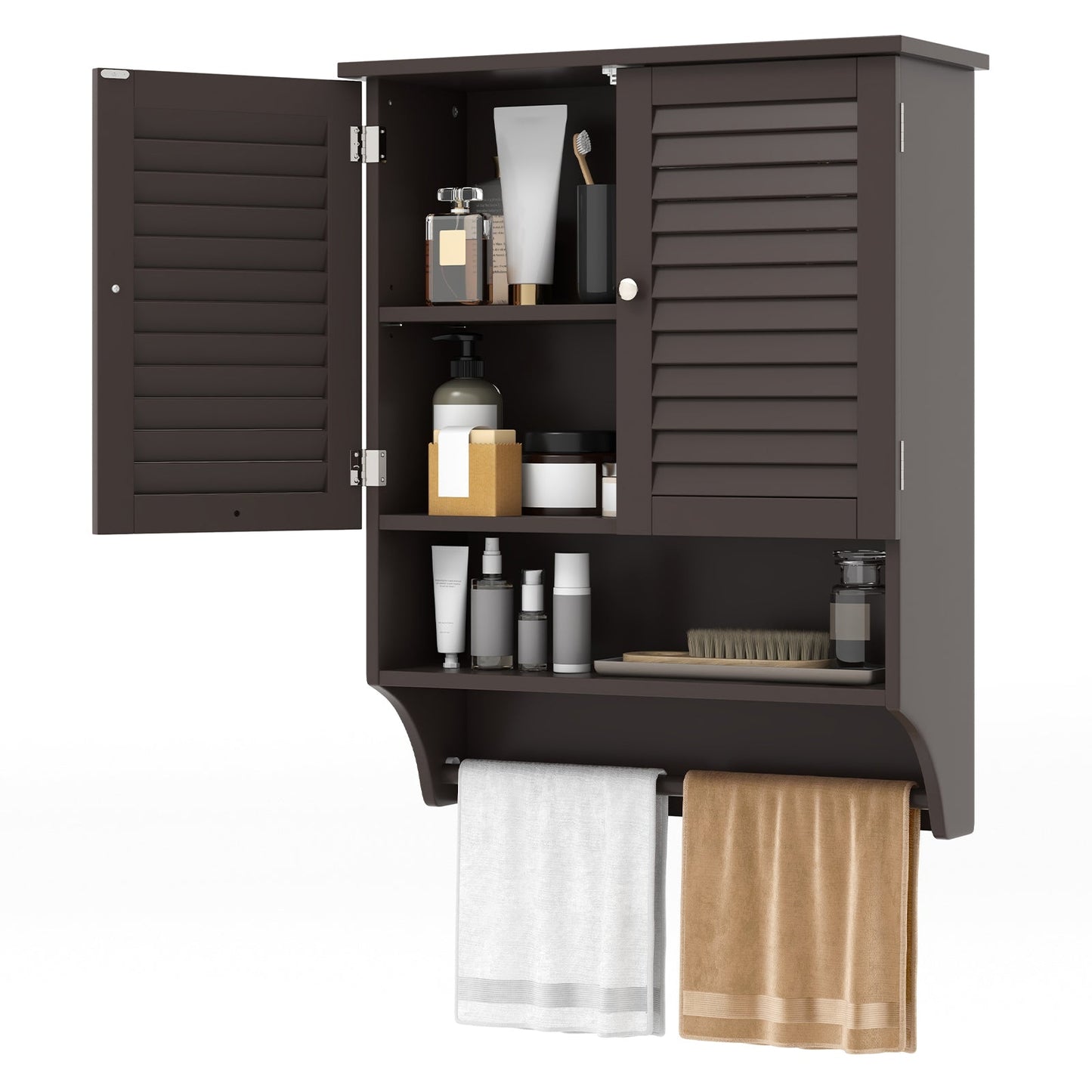Botiquín de baño de 2 puertas con barra para toallas, para montar en la pared - Marrón
