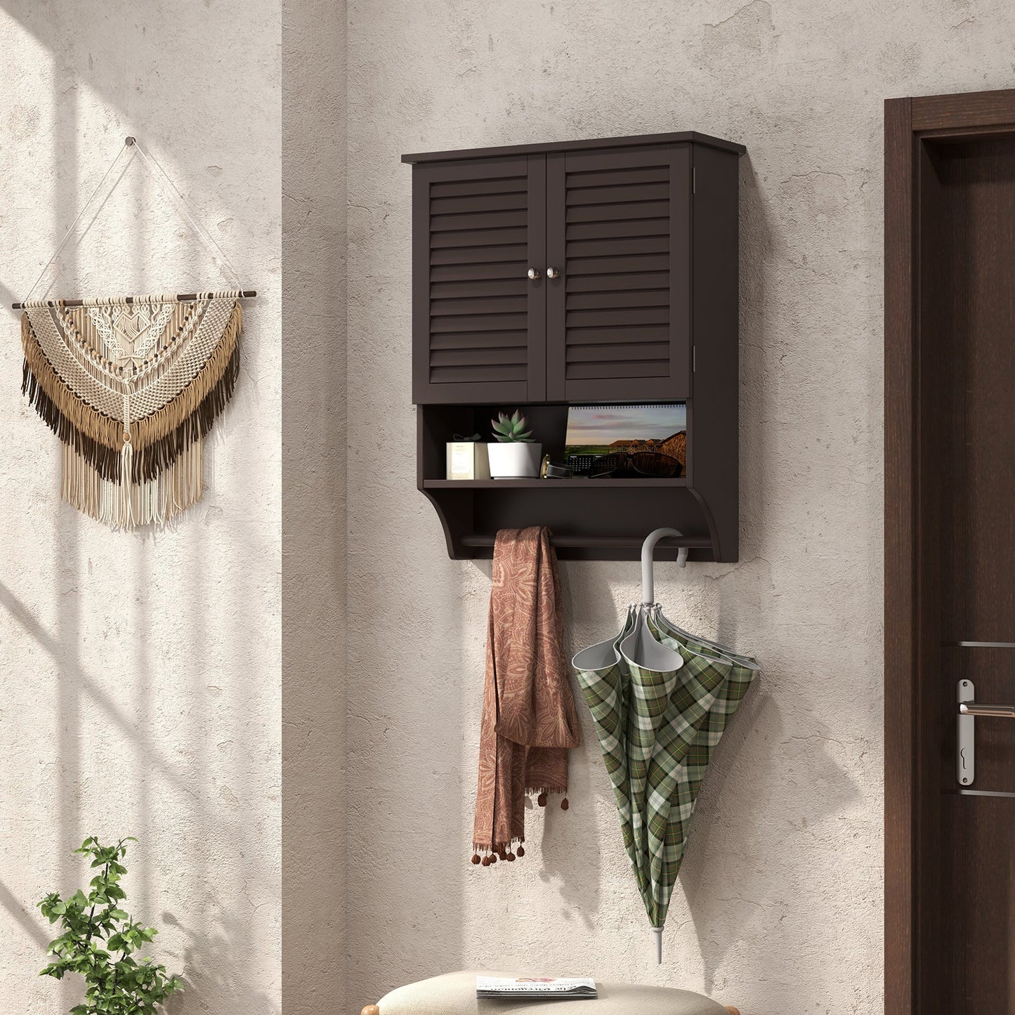 Botiquín de baño de 2 puertas con barra para toallas, para montar en la pared - Marrón