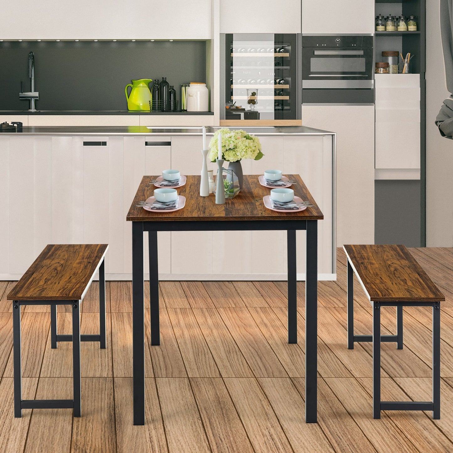 Juego de comedor de 3 piezas con 2 bancos para comedor, cocina o bar - Marrón