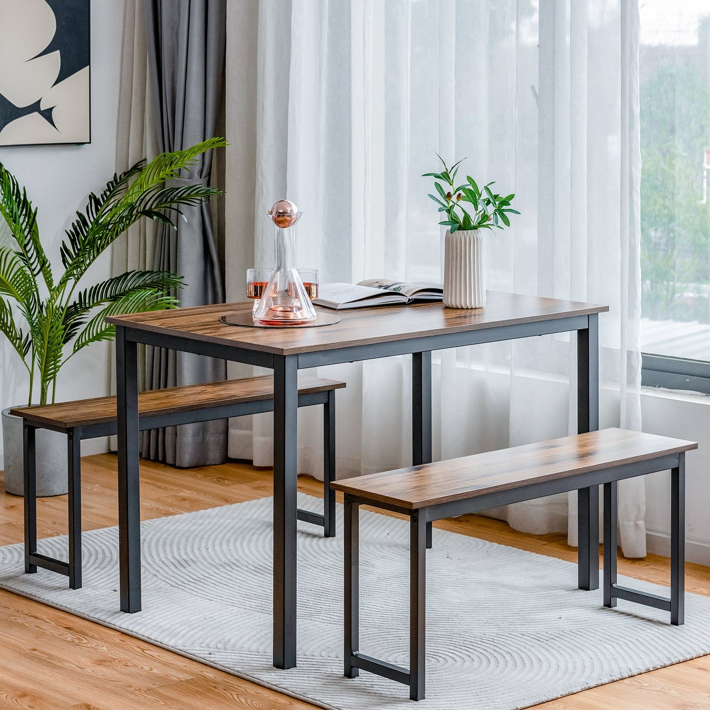 Juego de comedor de 3 piezas con 2 bancos para comedor, cocina o bar - Marrón