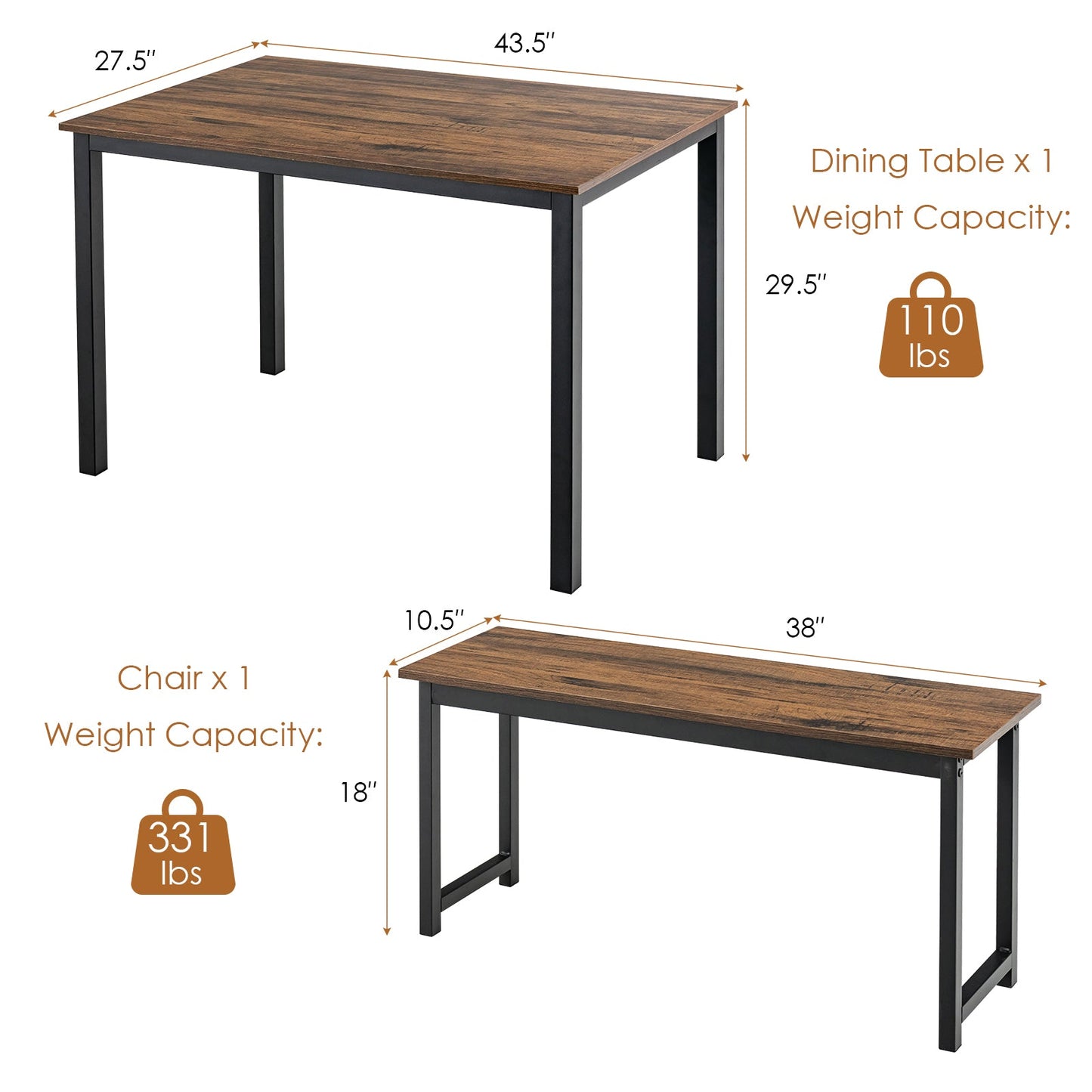 Juego de comedor de 3 piezas con 2 bancos para comedor, cocina o bar - Marrón