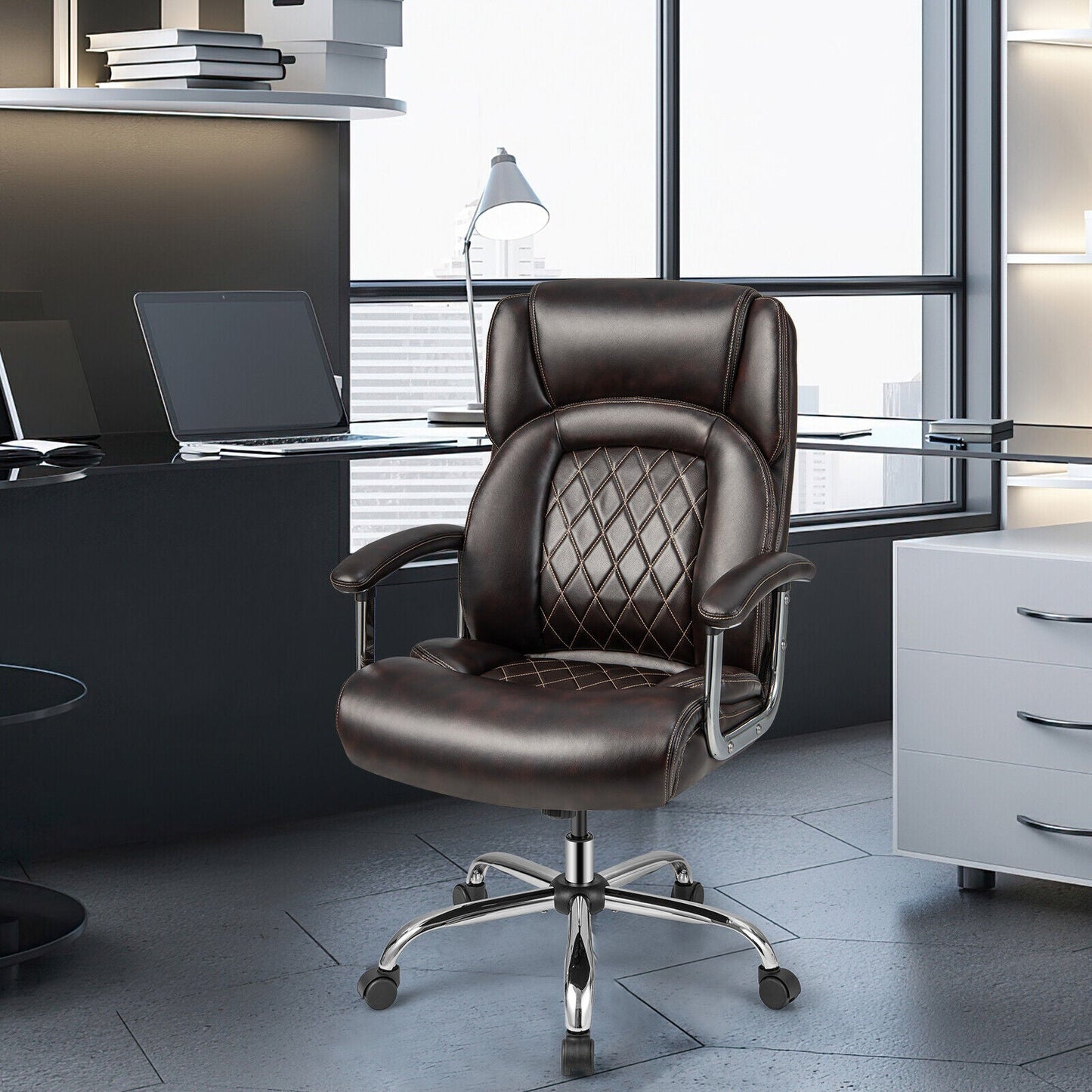Silla de oficina para ordenador, de altura regulable, para personas altas y grandes, con base de metal, color marrón