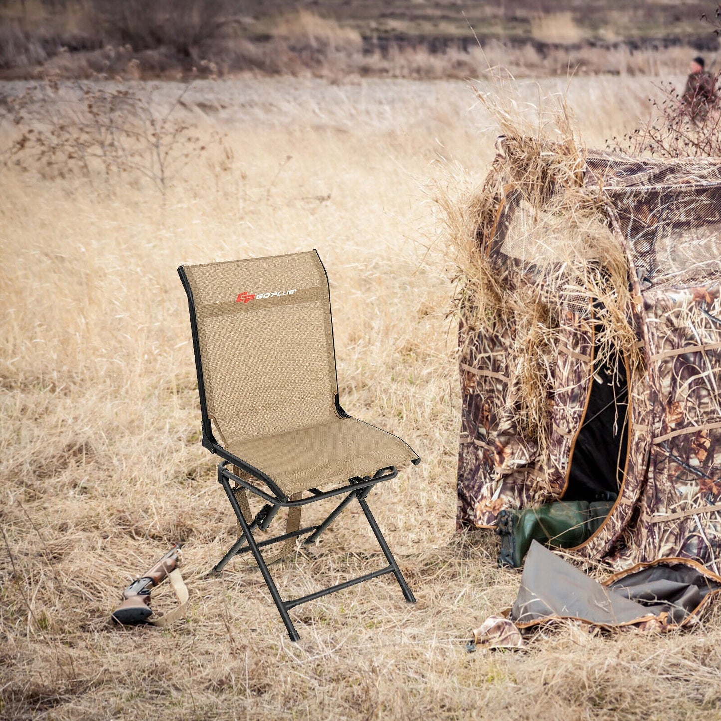 All weather Outdoor Foldable 360 Degree Swivel Chair with Iron Frame GemGear tan fabric on Tampa Home & Garden Store