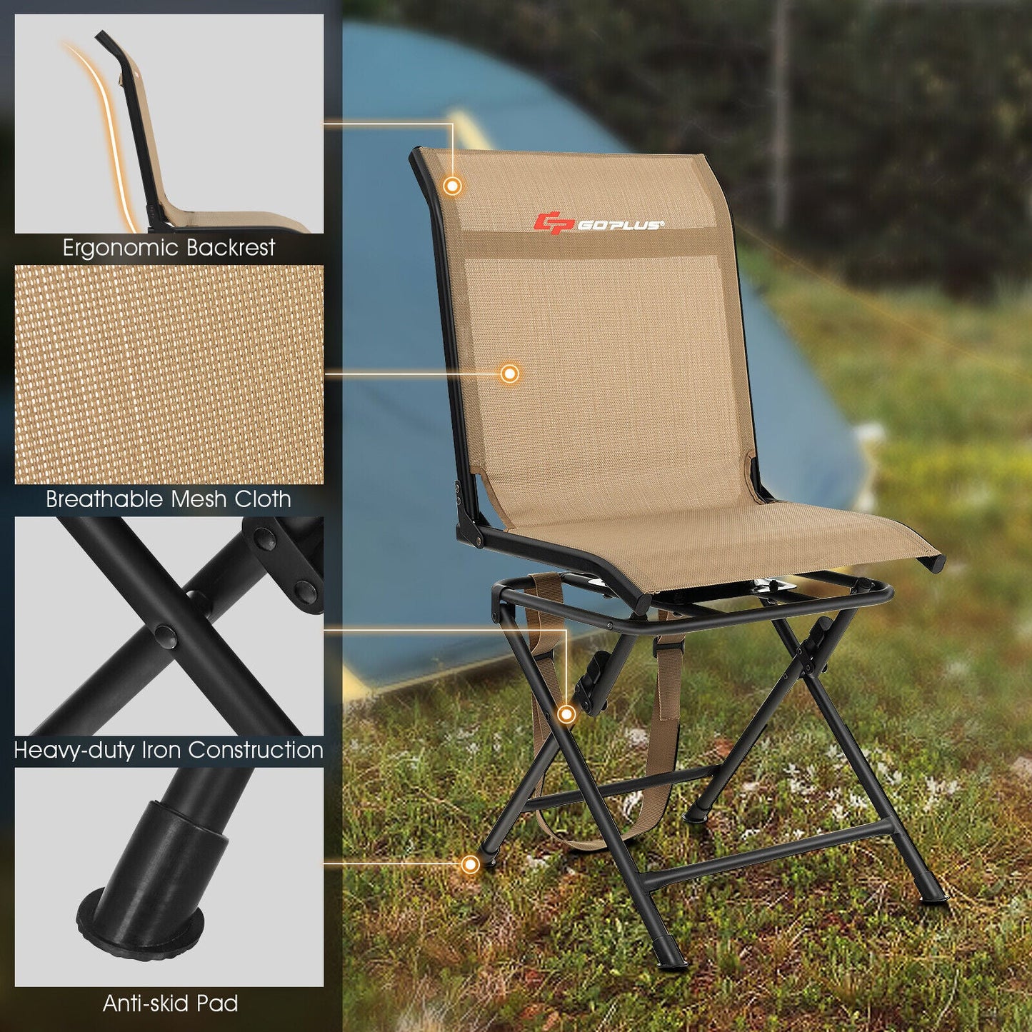 GemGear beige breathable mesh outdoor folding chair with iron frame, 360-degree swivel on Tampa Home & Garden Store