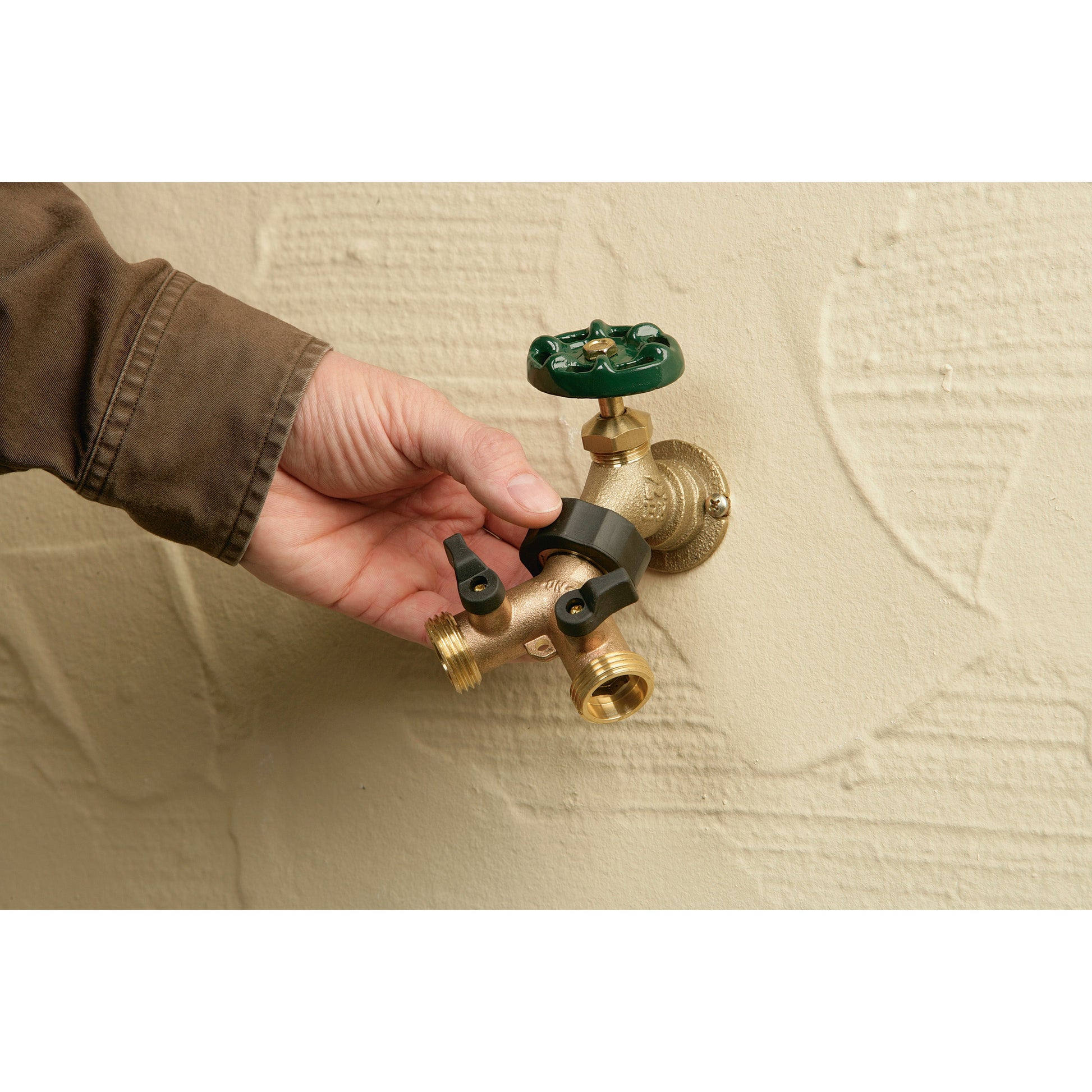 Brass 2-Way Hose Shut-Off Y Adapter with green wheel Orbit Irrigation on Tampa Home & Garden Store