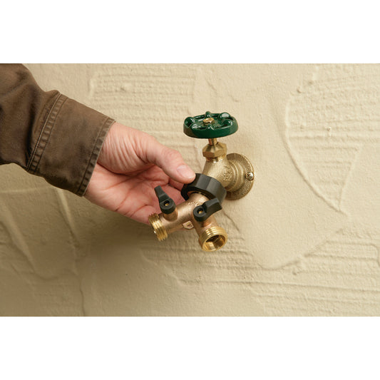 Brass 2-Way Hose Shut-Off Y Adapter with green wheel Orbit Irrigation on Tampa Home & Garden Store
