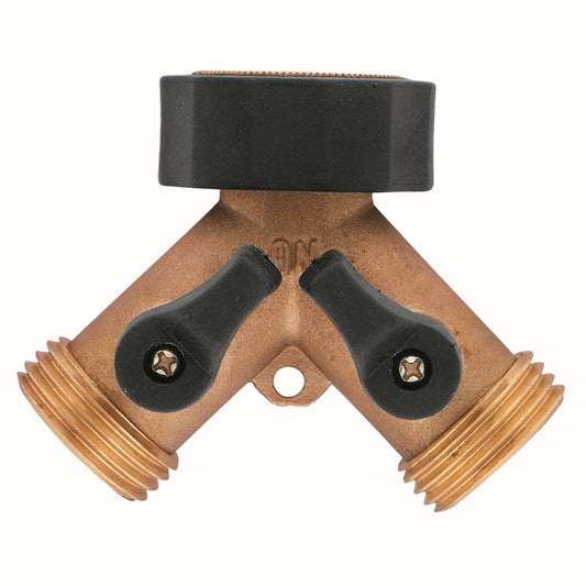 Brass 2-Way Shut-Off Hose Y Adapter with black handles Orbit Irrigation hose splitter on Tampa Home & Garden Store