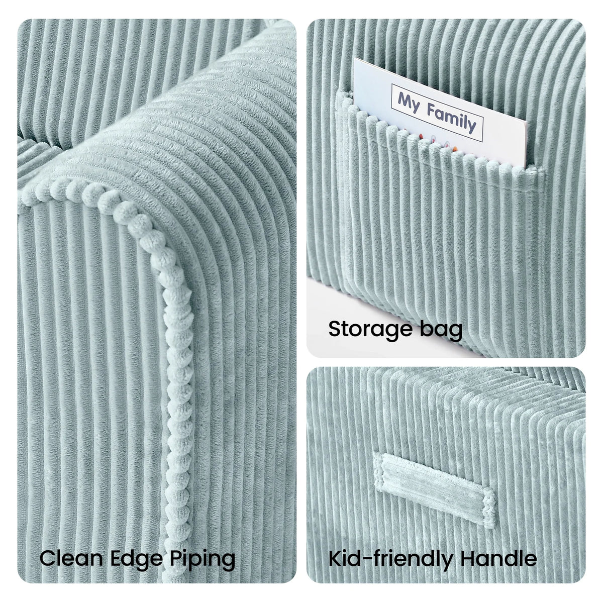 Tiny Land GentleSnug Corduroy Kid Chair in blue-gray fabric with storage pocket and carry handle on Tampa Home & Garden Store