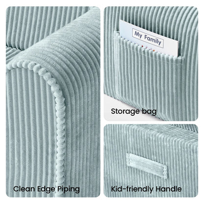 Tiny Land GentleSnug Corduroy Kid Chair in blue-gray fabric with storage pocket and carry handle on Tampa Home & Garden Store