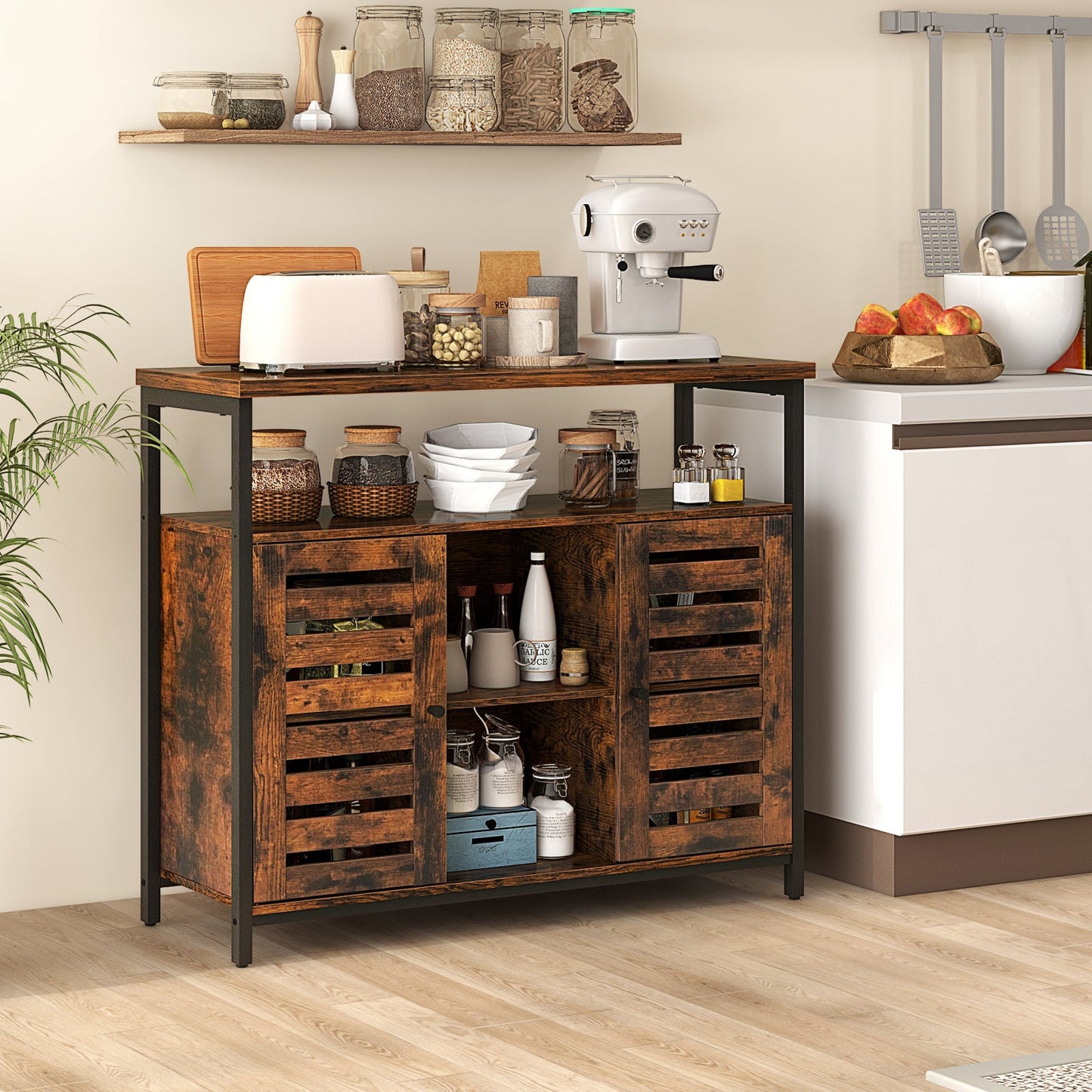 Mueble aparador industrial con puerta de persiana de apertura a presión y 3 estantes ajustables - Marrón rústico