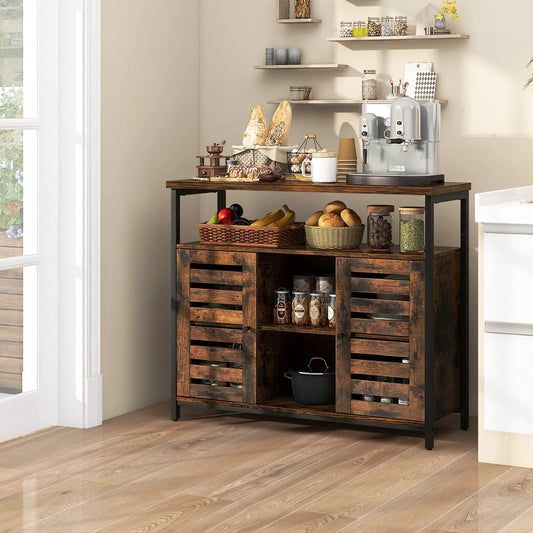 Rustic industrial buffet cabinet sideboard with slatted doors and metal frame on Tampa Home & Garden Store