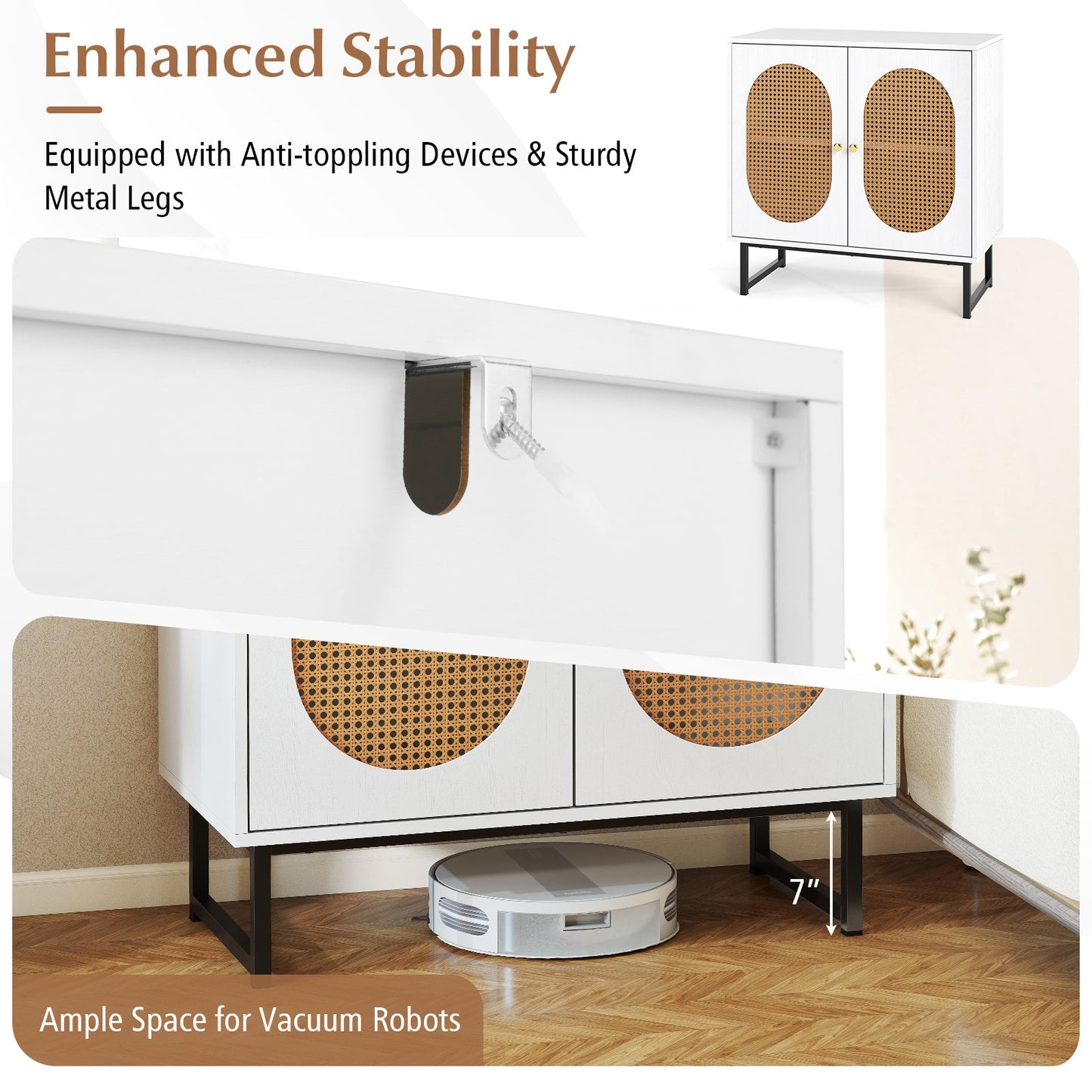 Buffet Cabinet Rattan Storage Cabinet with 2 Doors and Adjustable Shelf
