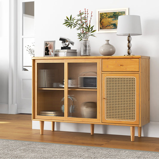 Aparador de bambú moderno con puertas correderas de cristal templado - Natural