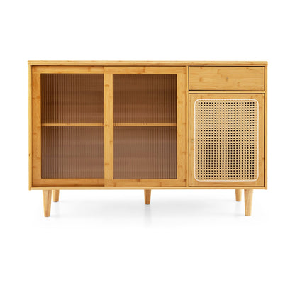 Aparador de bambú moderno con puertas correderas de cristal templado - Natural