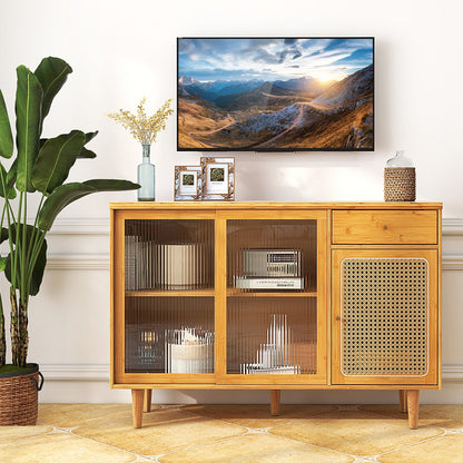 Aparador de bambú moderno con puertas correderas de cristal templado - Natural