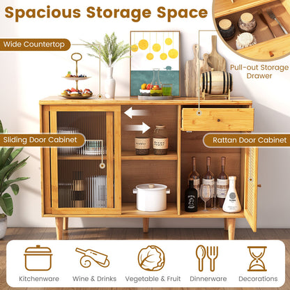Aparador de bambú moderno con puertas correderas de cristal templado - Natural