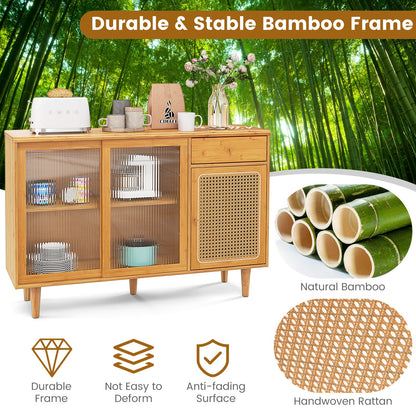 Aparador de bambú moderno con puertas correderas de cristal templado - Natural