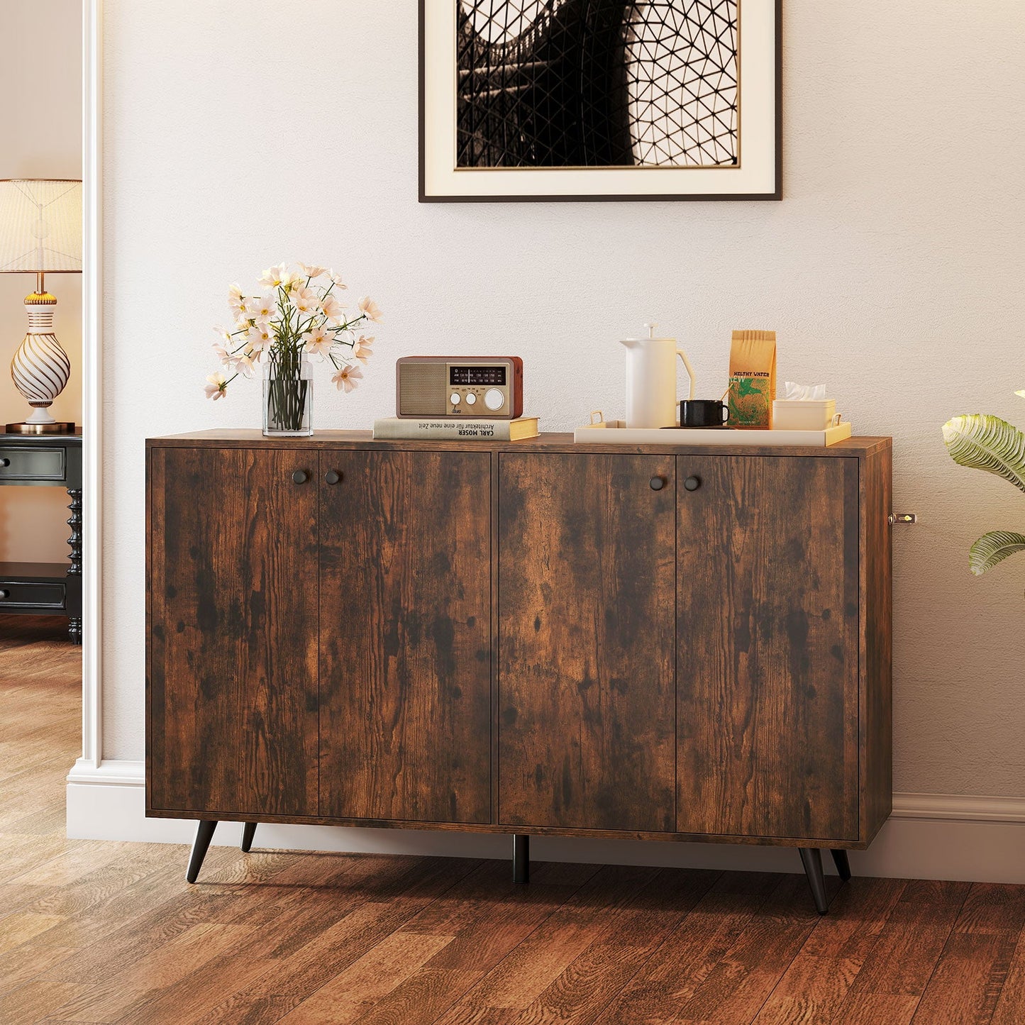 Aparador Buffet de Almacenamiento Mid-Century Moderno con Estantes Ajustables-Marrón Rústico