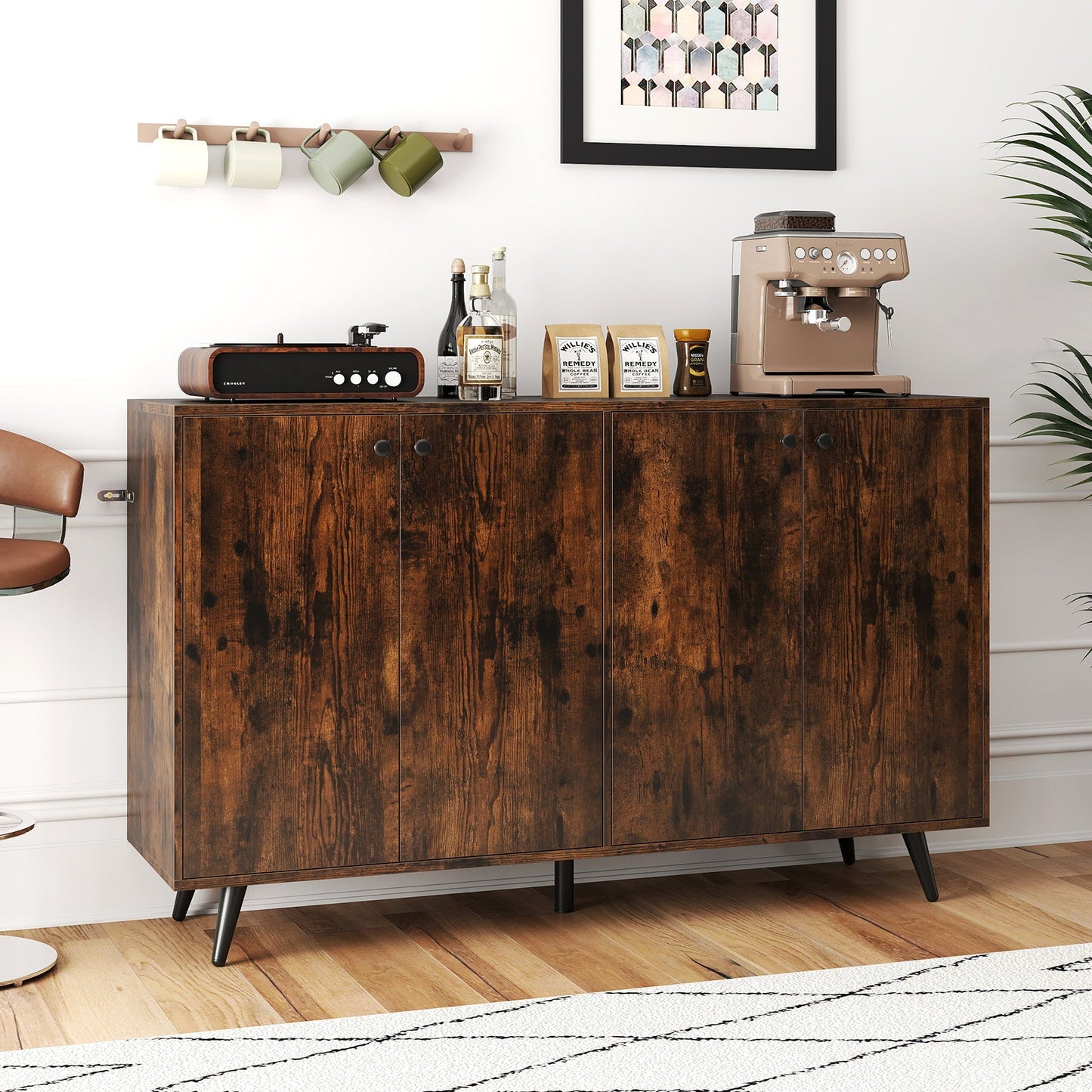 Aparador Buffet de Almacenamiento Mid-Century Moderno con Estantes Ajustables-Marrón Rústico