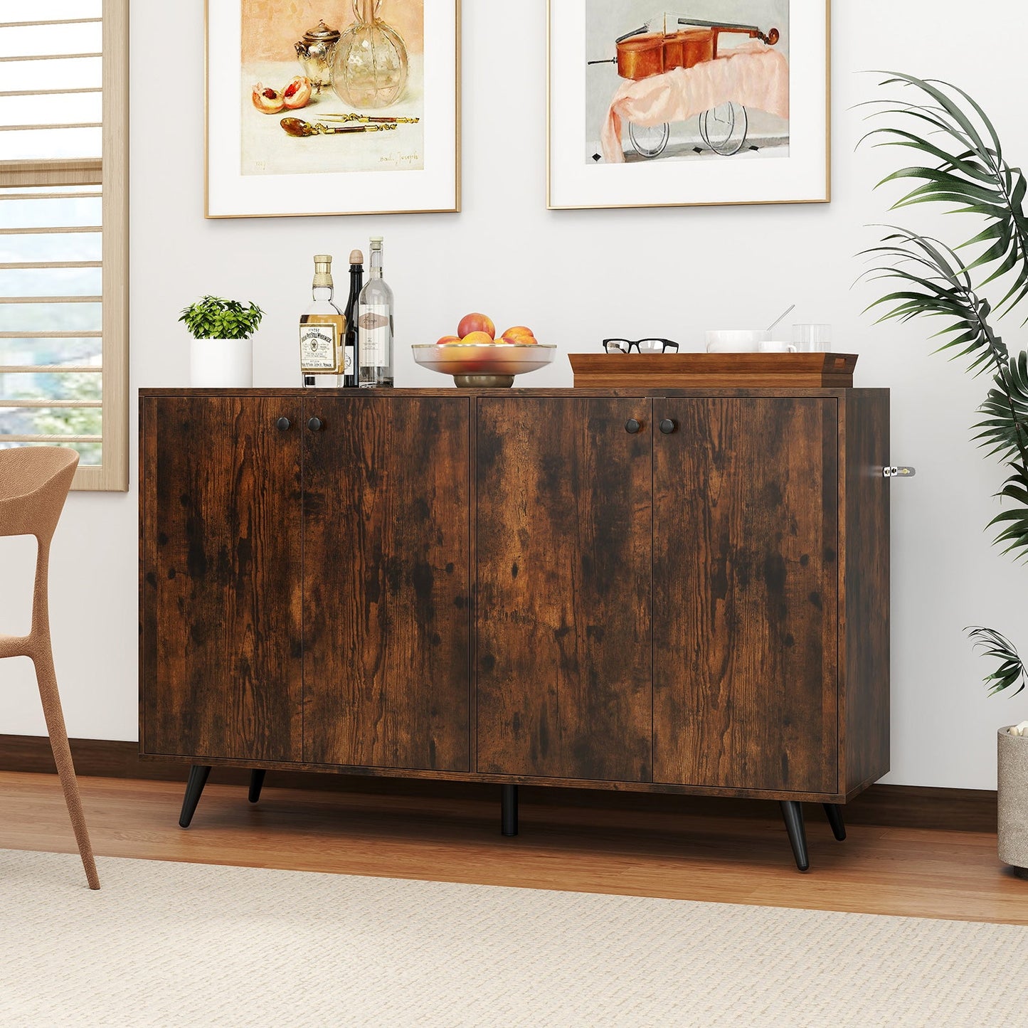 Aparador Buffet de Almacenamiento Mid-Century Moderno con Estantes Ajustables-Marrón Rústico