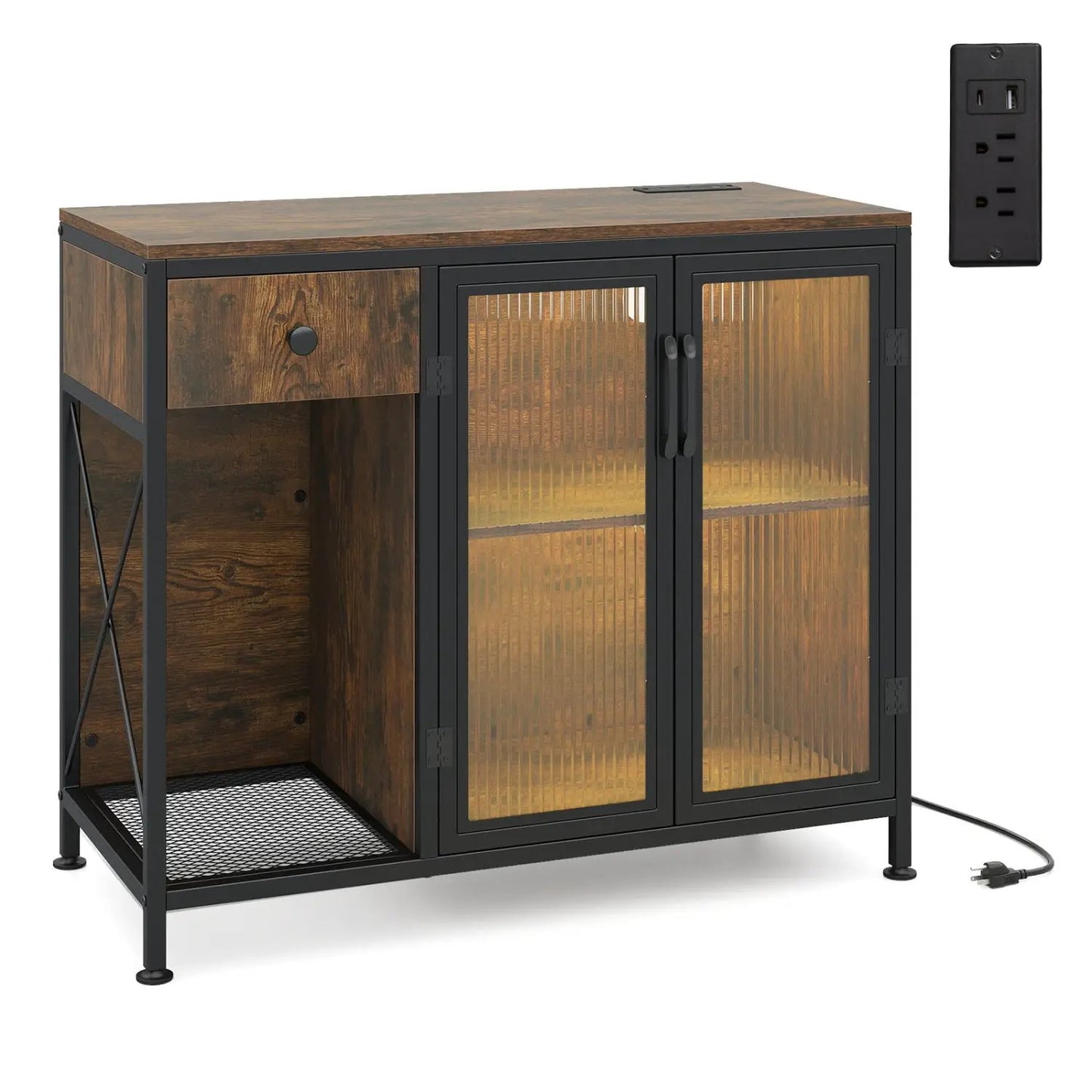 Buffet Sideboard Doors Power Outlets LED Light