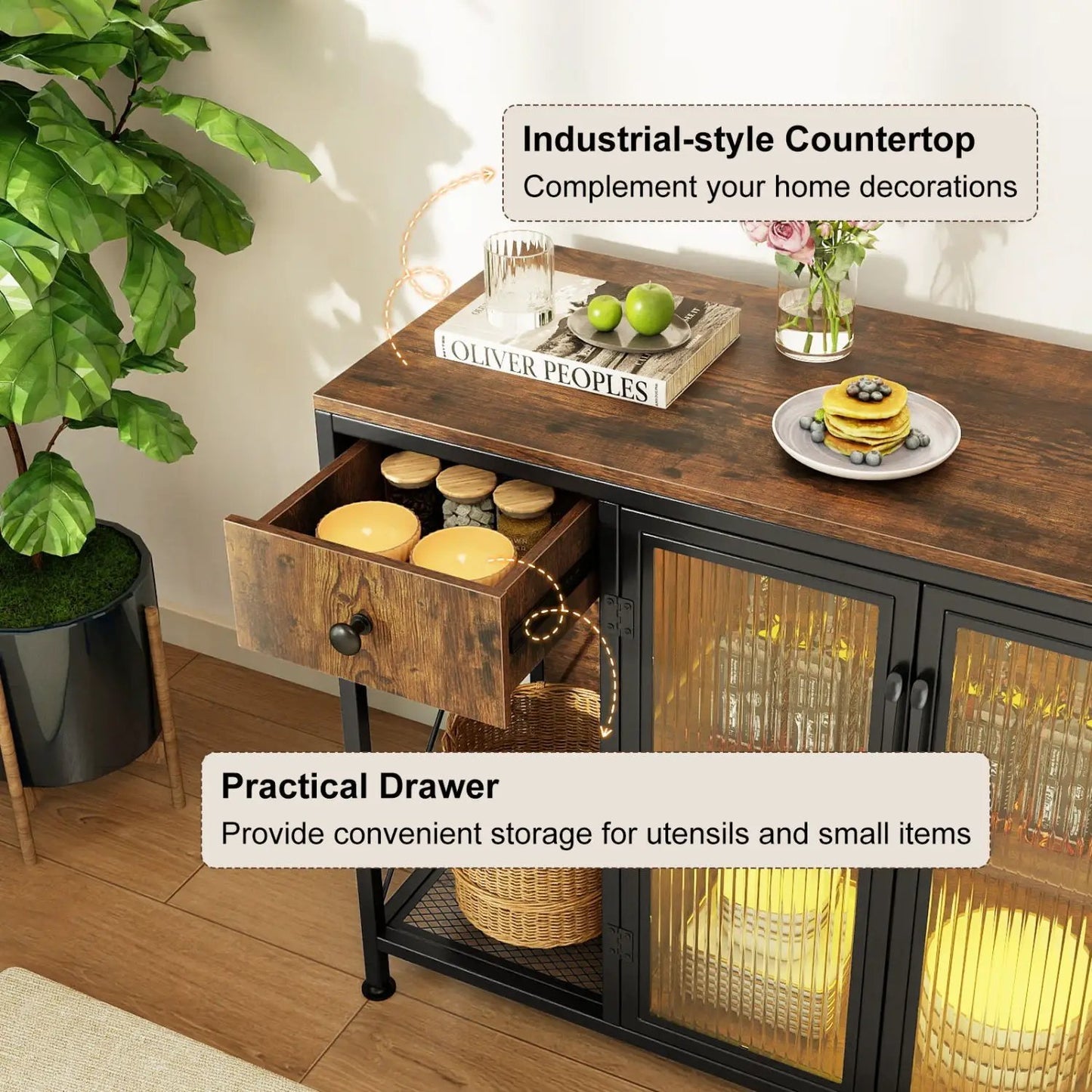 Buffet Sideboard Doors Power Outlets LED Light