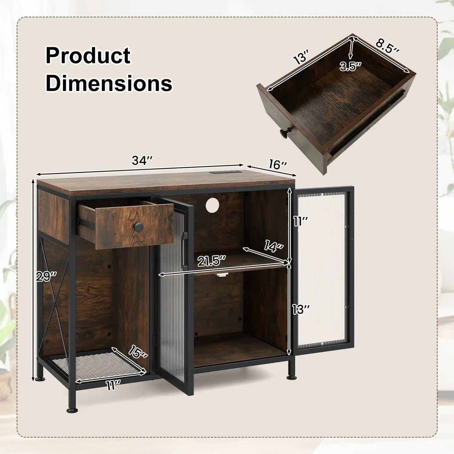 Buffet Sideboard Doors Power Outlets LED Light