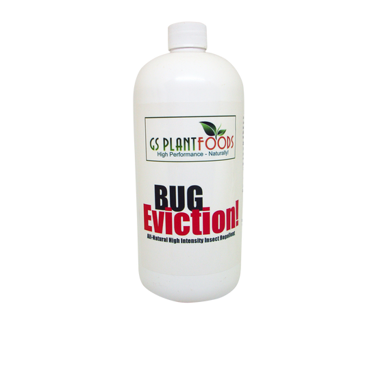 Bug Eviction all natural insect repellent bottle by GS Plant Foods, white plastic container on Tampa Home & Garden Store