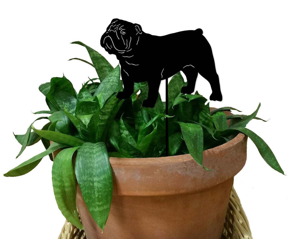Bulldog plant stake silhouette in black atop a terracotta pot with green foliage, Rustica Ornamentals on Tampa Home & Garden Store