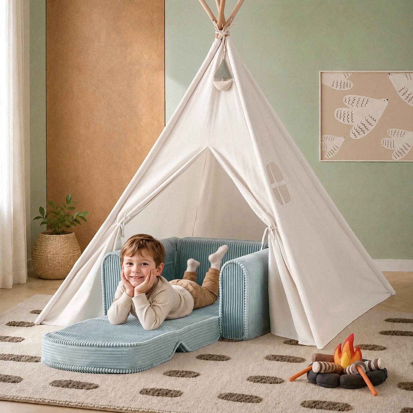 Tiny Land INC GentleSnug Corduroy Kid Chair in soft blue corduroy with teepee and child lounging on Tampa Home & Garden Store