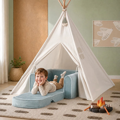 Tiny Land INC GentleSnug Corduroy Kid Chair in soft blue corduroy with teepee and child lounging on Tampa Home & Garden Store