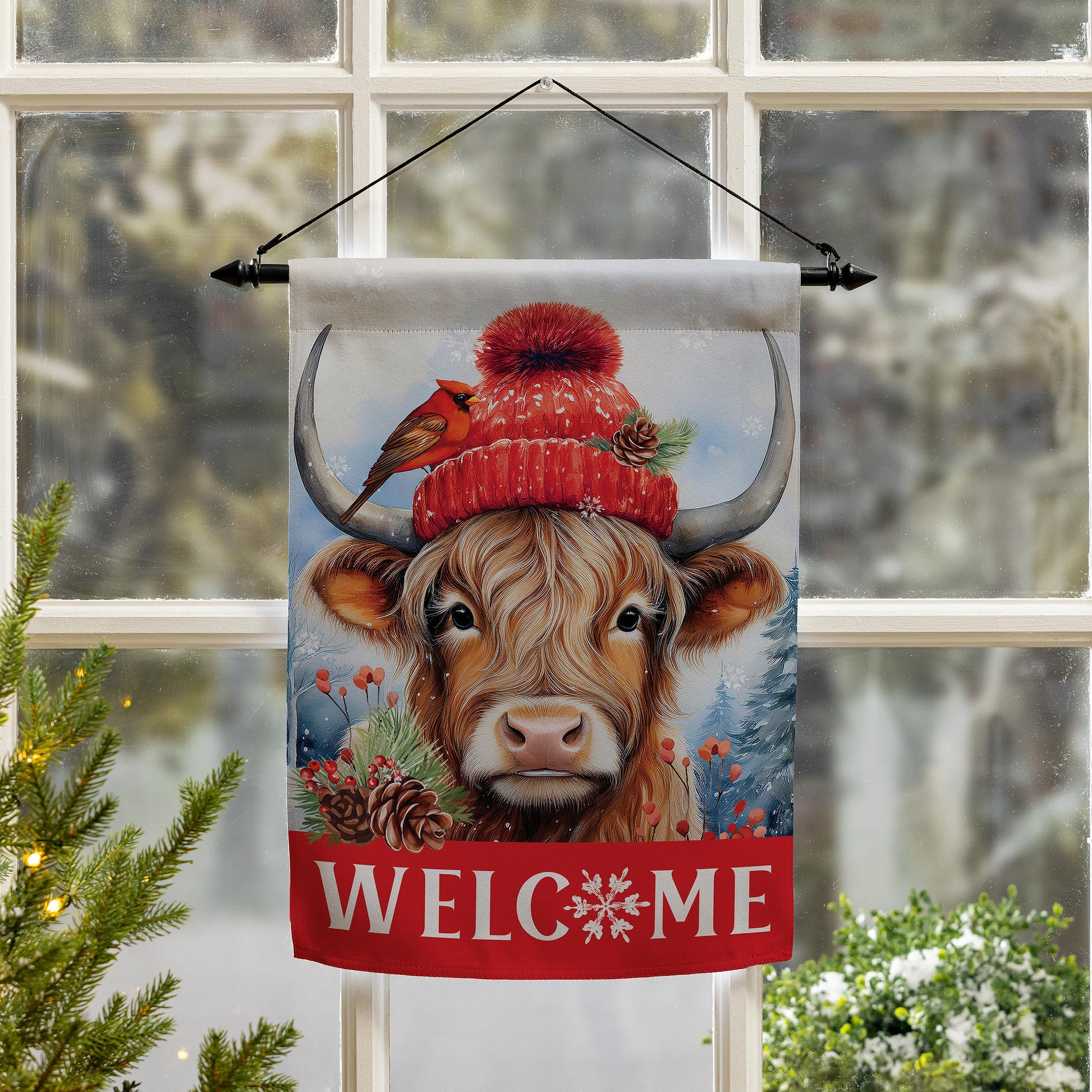 Bundled Up Highland Cow Suede Garden Flag - Tampa Home & Garden Store