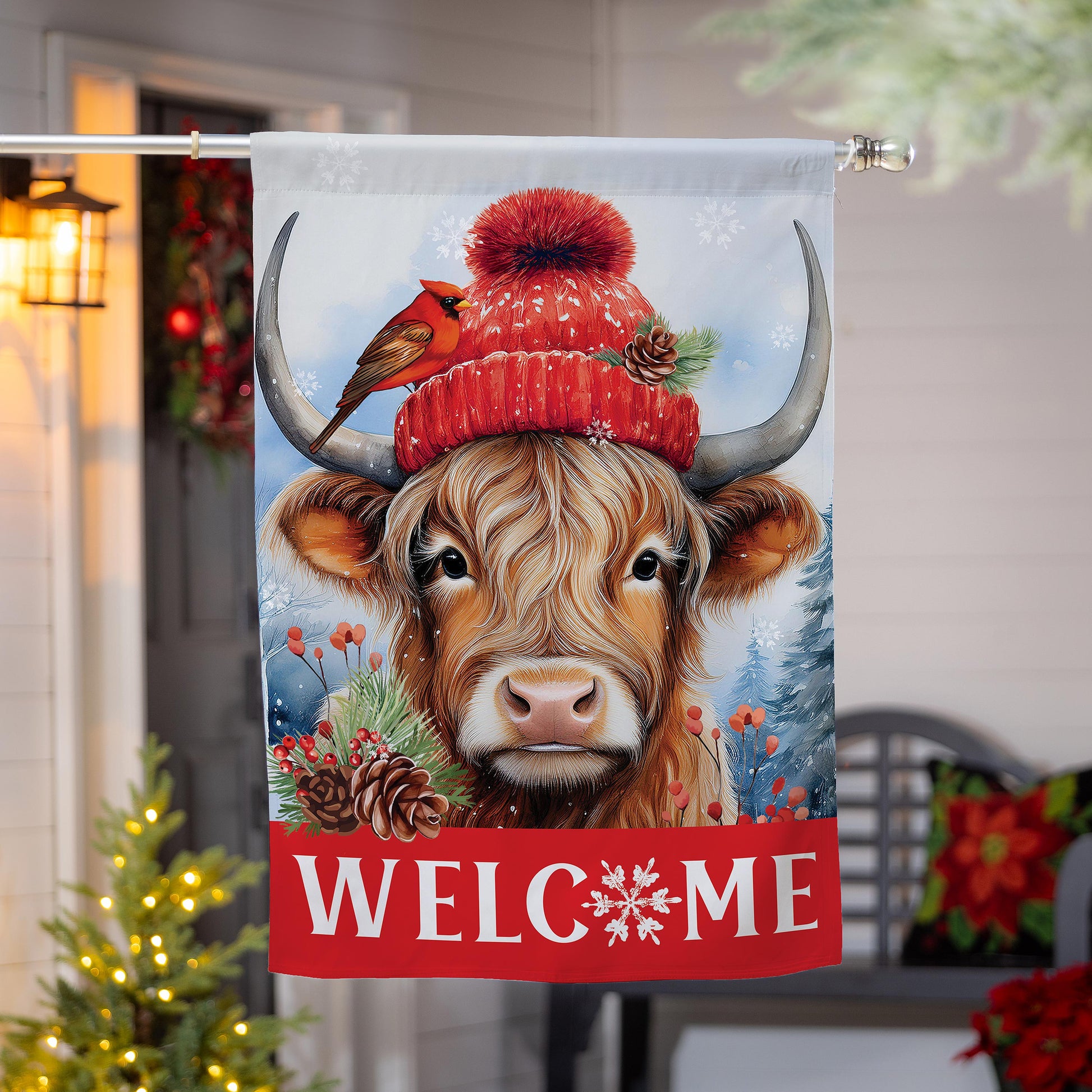 Bundled Up Highland Cow Suede House Flag - Tampa Home & Garden Store