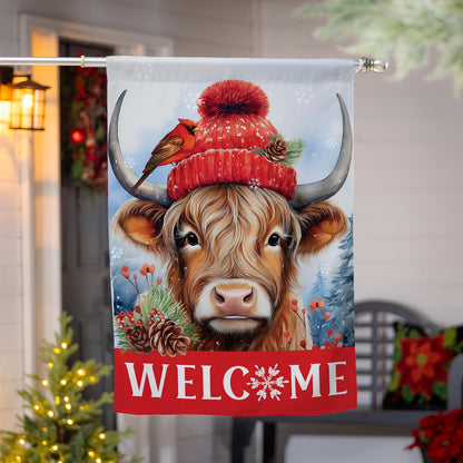 Bundled Up Highland Cow Suede House Flag - Tampa Home & Garden Store