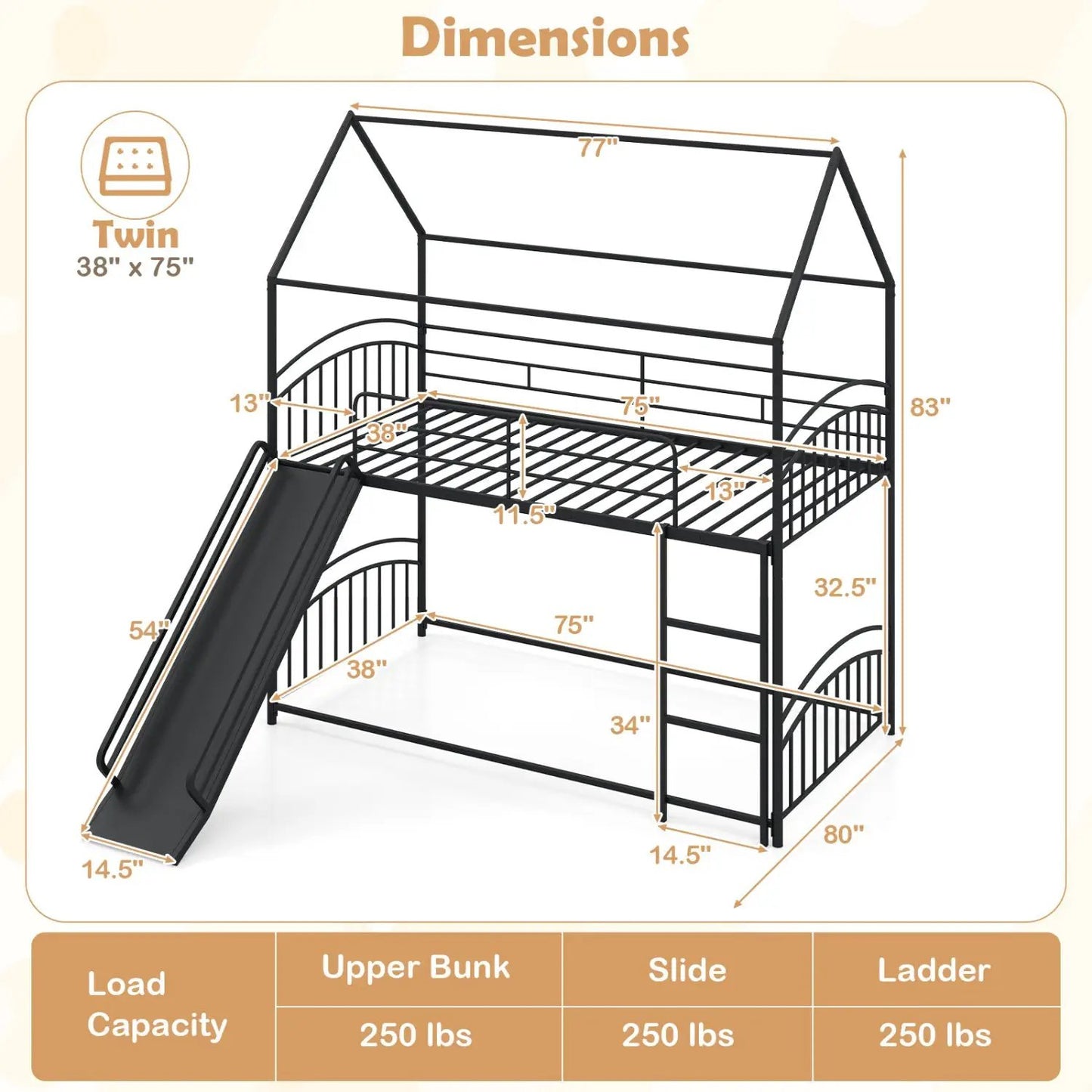 Twin Over Twin Bunk Bed with Metal Slats