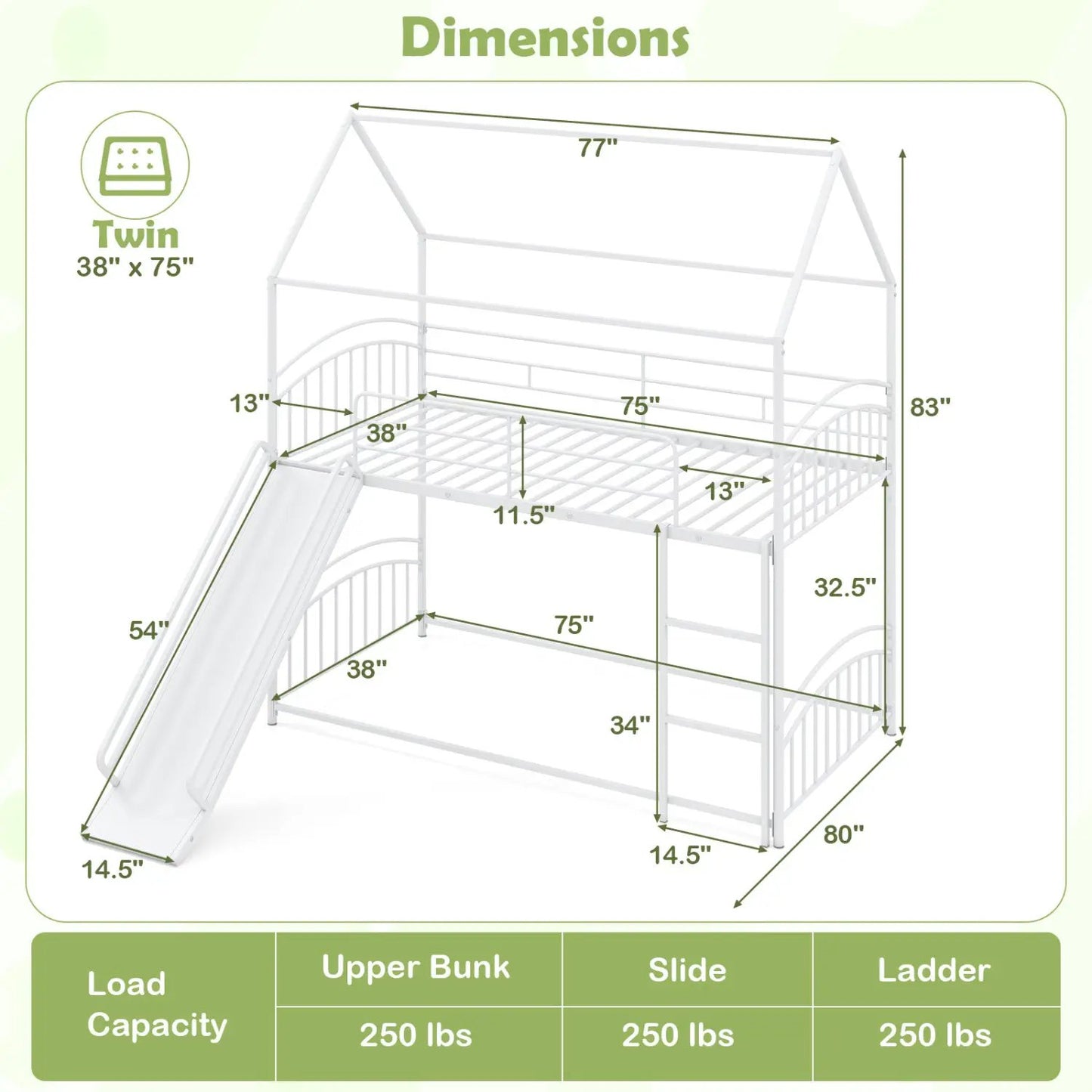 Twin Over Twin Bunk Bed with Metal Slats