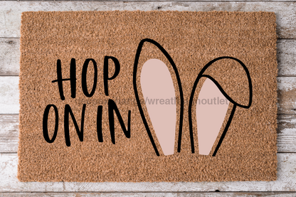 Bunny Ears Doormat "Hop On In" Rabbit Ears Doormat, Easter Door Mat - Tampa Home & Garden Store