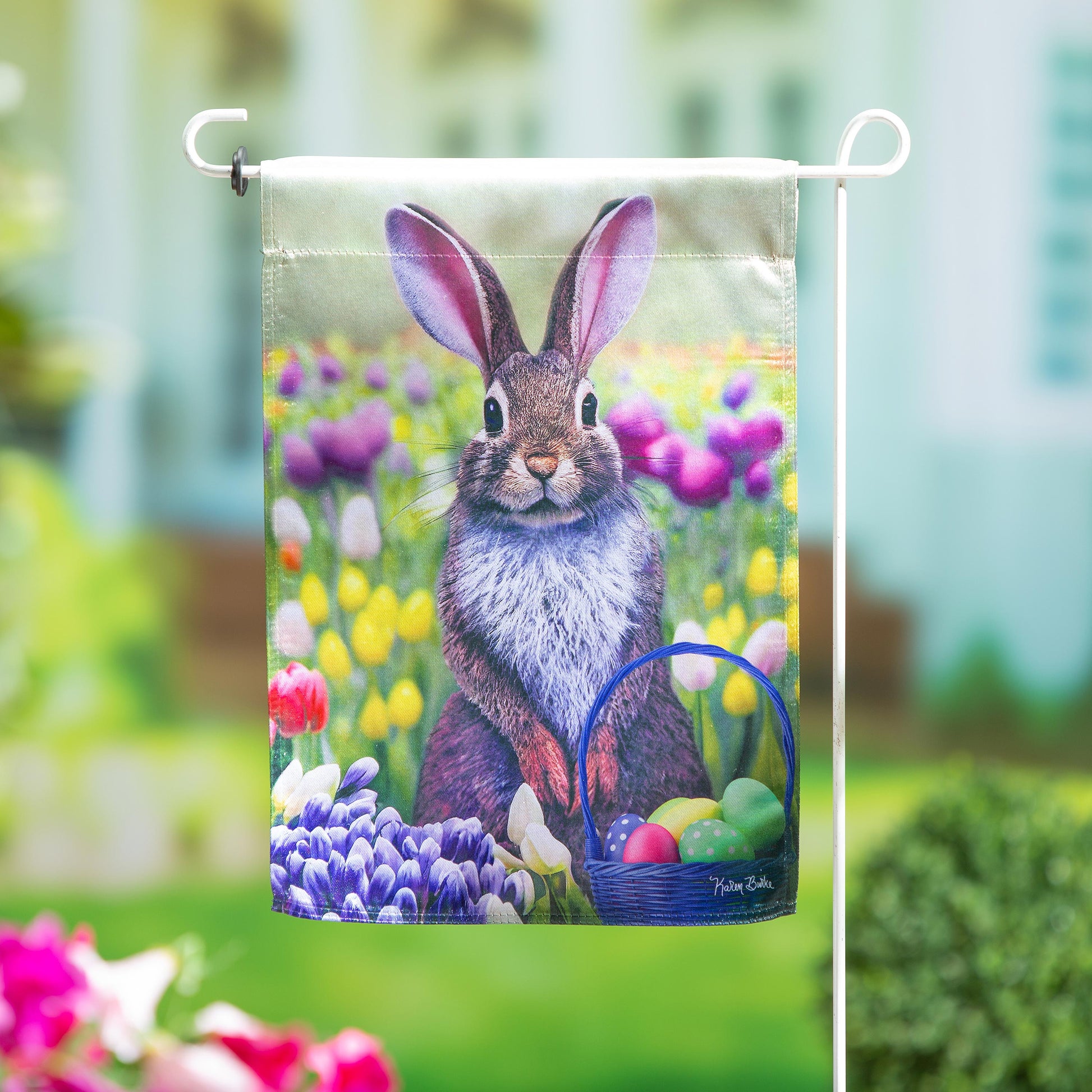 Bunny in Tulip Field Lustre Garden Flag - Tampa Home & Garden Store