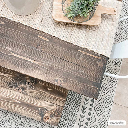 Burdette Soft Neutral Rug by Boutique Rugs on rustic dark wood table with beige tones on Tampa Home & Garden Store