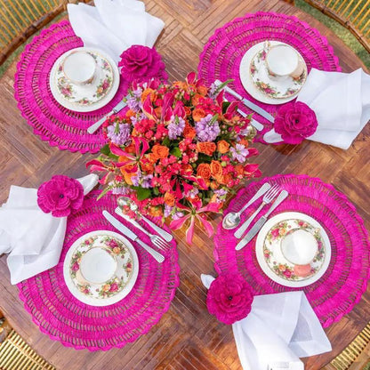 Buriti straw placemats handcrafted by Talah Home in bright pink 4pc set for sustainable dining on Tampa Home & Garden Store