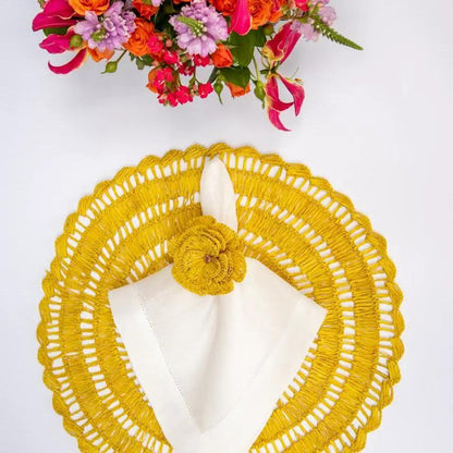 Buriti straw placemats by Talah Home, handcrafted yellow circular woven set on Tampa Home & Garden Store