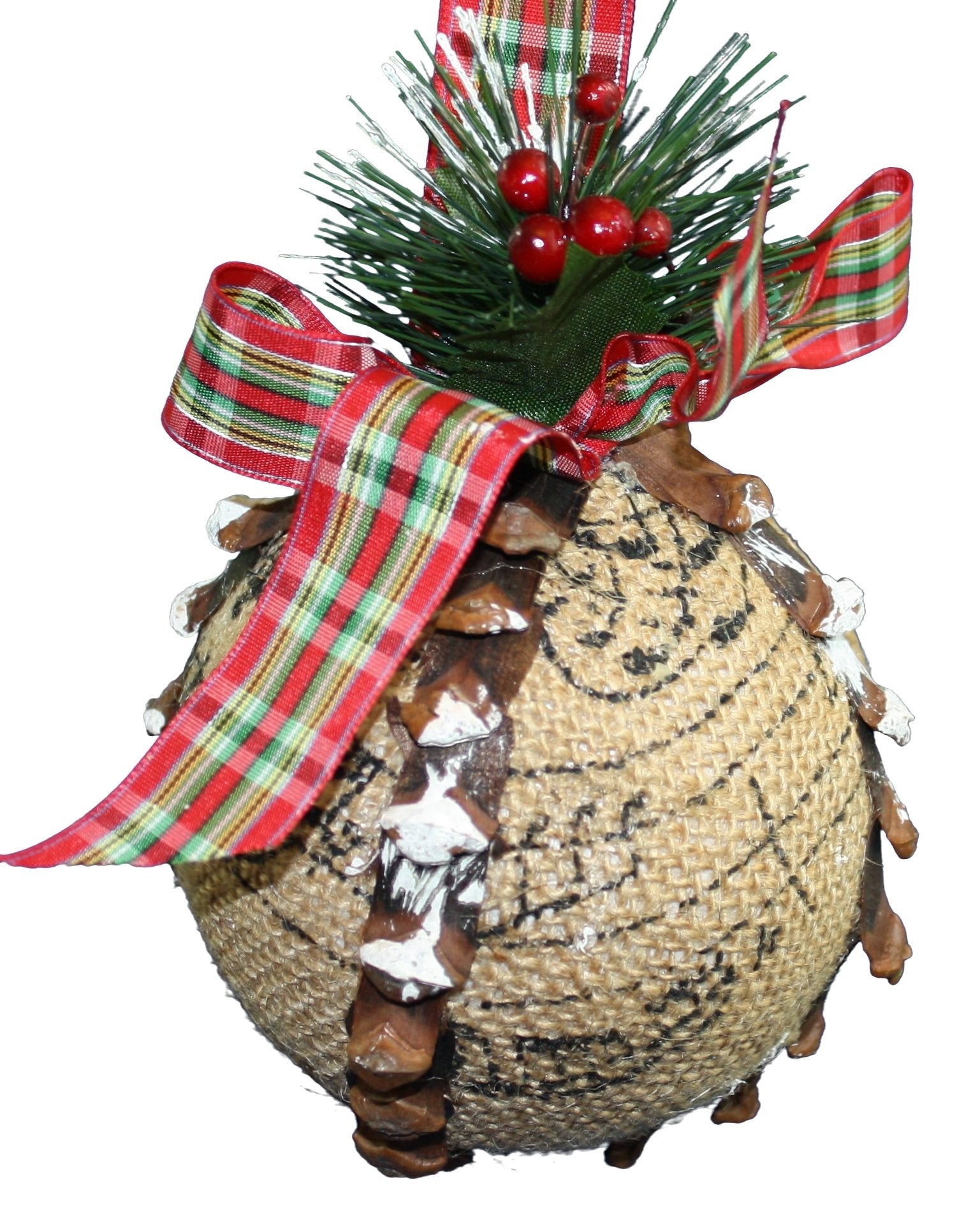 Burlap Ball Holiday Ornament - Red Green and Gold Ribbon - Tampa Home & Garden Store