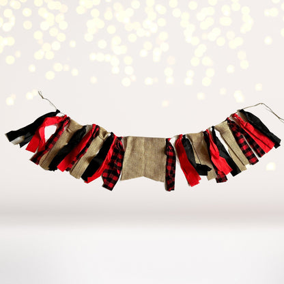 Buffalo plaid party banner garland with burlap and red-black ribbon tassels by Chicky Chicky Bling Bling on Tampa Home & Garden Store
