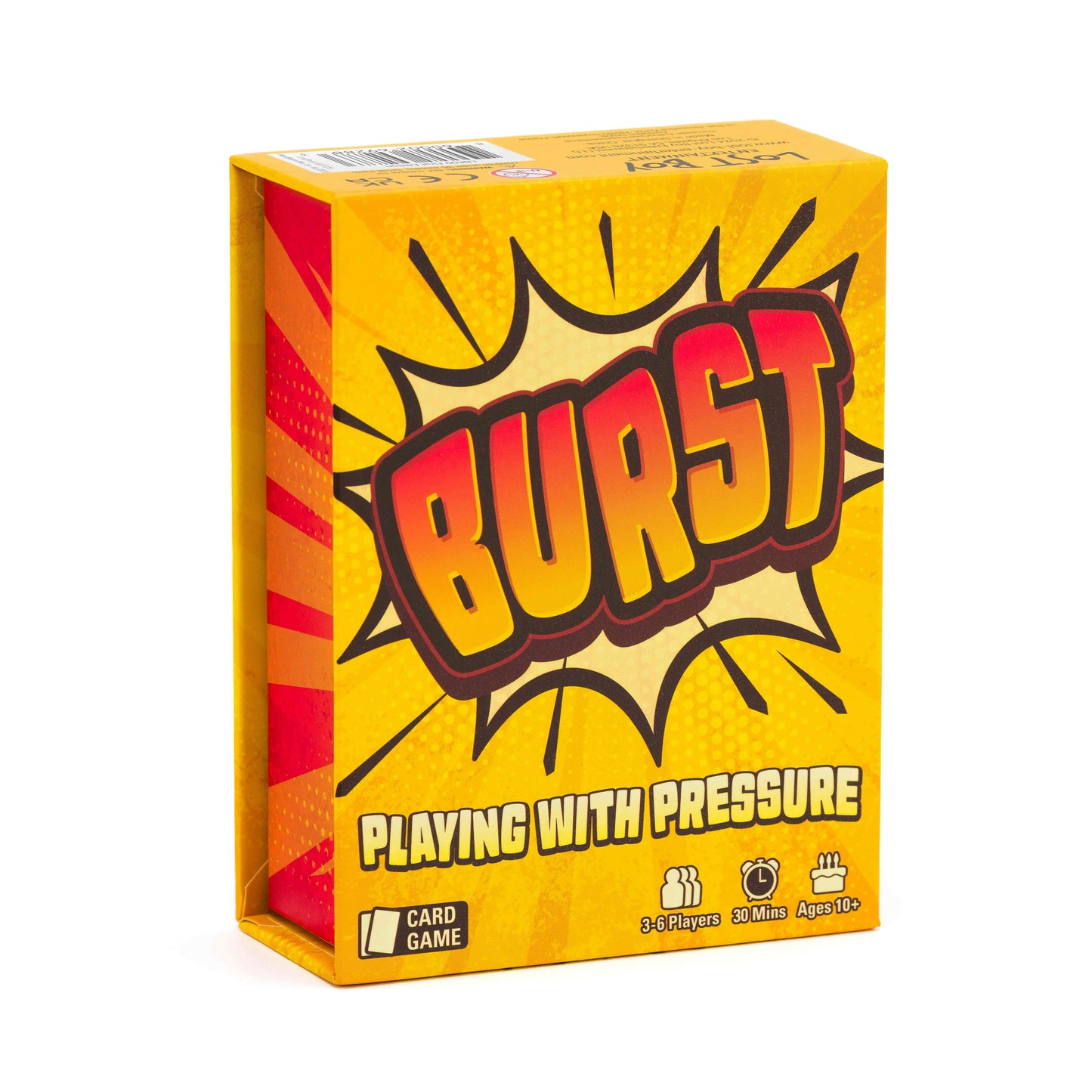Burst card game by Lost Boy Entertainment on a bright yellow comic-style box on Tampa Home & Garden Store