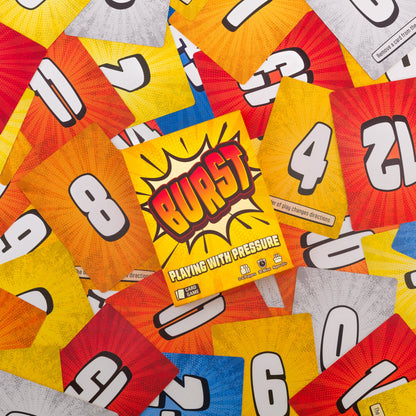 Burst card game by Lost Boy Entertainment, colorful comic-style action cards with bold letters on Tampa Home & Garden Store