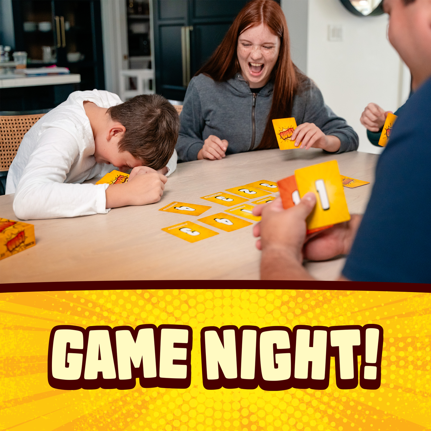 Burst card game by Lost Boy Entertainment; players hold orange burst cards around a table on Tampa Home & Garden Store