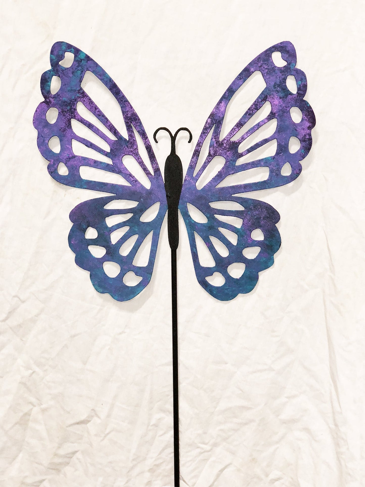 Butterfly Garden Stake Rustica Ornamentals, purple-blue metal butterfly with cutout wings on Tampa Home & Garden Store